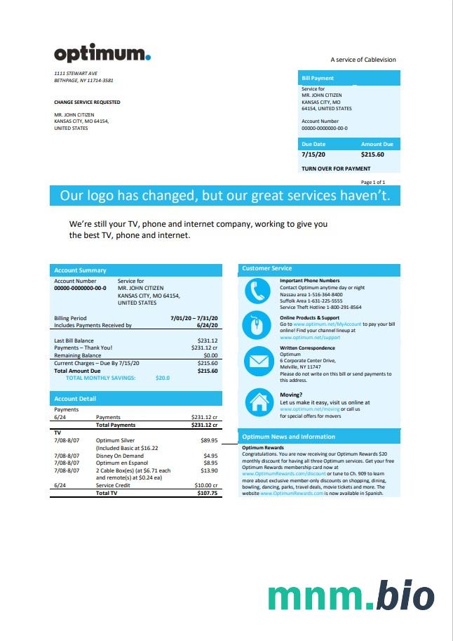 USA New York Optimum Cablevision bill szablon w formacie Word i PDF